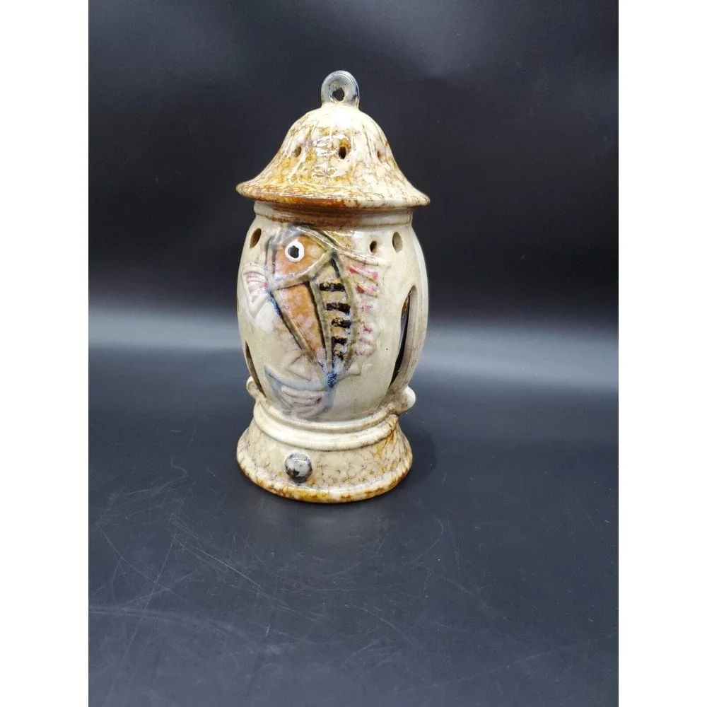 7" Clay Pottery Fish Hanging Candle Lamp Lantern Glazed Earth tones B39 - Picture 3 of 5